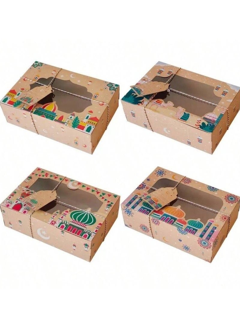 Eid & Ramadan Party Favors 4 Gift Boxes + 4 Greeting Cards + 4 Decorative Wrapping Strings, Ramadan Design with Clear Window, Hanging Tags & Tying String, Perfect for Candy Gifts and Adding a Beautiful Touch to Party Decoration, Eid Decor, Event Supplies & Table Setup - Image 4